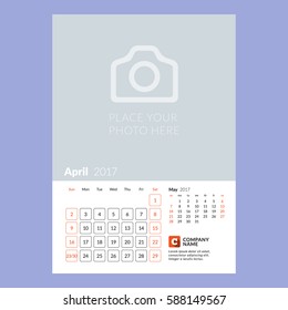 Calendar Template for April 2017. Week Starts Sunday. Design Print Template. Vector Illustration Isolated