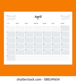 Calendar Template for April 2017. Week Starts Sunday. Design Print Template. Vector Illustration Isolated