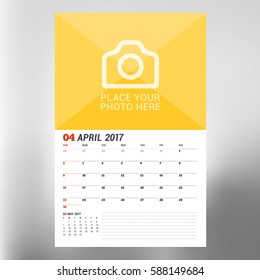 Calendar Template for April 2017. Week Starts Sunday. Design Print Template. Vector Illustration Isolated