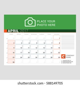 Calendar Template for April 2017. Week Starts Sunday. Design Print Template. Vector Illustration Isolated