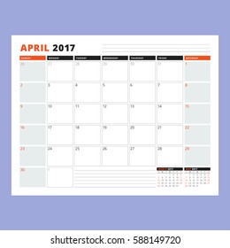 Calendar Template for April 2017. Week Starts Sunday. Design Print Template. Vector Illustration Isolated