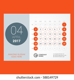 Calendar Template for April 2017. Week Starts Sunday. Design Print Template. Vector Illustration Isolated