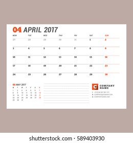 Calendar Template for April 2017. Week Starts Monday. Design Print Template. Vector Illustration Isolated