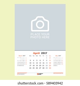 Calendar Template for April 2017. Week Starts Monday. Design Print Template. Vector Illustration Isolated