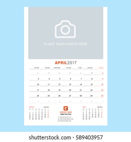 Calendar Template for April 2017. Week Starts Monday. Design Print Template. Vector Illustration Isolated