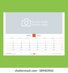 Calendar Template for April 2017. Week Starts Monday. Design Print Template. Vector Illustration Isolated