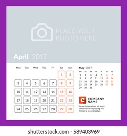 Calendar Template for April 2017. Week Starts Monday. Design Print Template. Vector Illustration Isolated