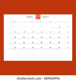 Calendar Template for April 2017. Week Starts Monday. Design Print Template. Vector Illustration Isolated