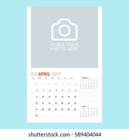 Calendar Template for April 2017. Week Starts Monday. Design Print Template. Vector Illustration Isolated