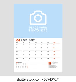 Calendar Template for April 2017. Week Starts Monday. Design Print Template. Vector Illustration Isolated