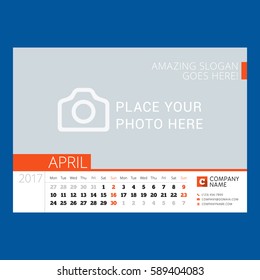 Calendar Template for April 2017. Week Starts Monday. Design Print Template. Vector Illustration Isolated