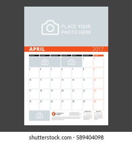 Calendar Template for April 2017. Week Starts Monday. Design Print Template. Vector Illustration Isolated
