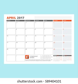 Calendar Template for April 2017. Week Starts Monday. Design Print Template. Vector Illustration Isolated