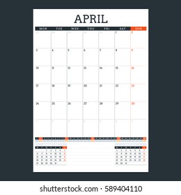 Calendar Template for April 2017. Week Starts Monday. Design Print Template. Vector Illustration Isolated