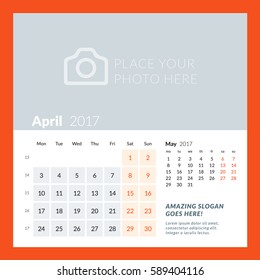 Calendar Template for April 2017. Week Starts Monday. Design Print Template. Vector Illustration Isolated