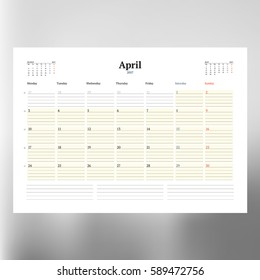 Calendar Template for April 2017. Week Starts Monday. Design Print Template. Vector Illustration Isolated