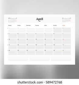 Calendar Template for April 2017. Week Starts Monday. Design Print Template. Vector Illustration Isolated