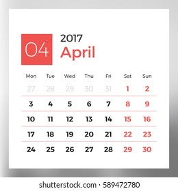 Calendar Template for April 2017. Week Starts Monday. Design Print Template. Vector Illustration Isolated