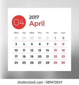 Calendar Template for April 2017. Week Starts Monday. Design Print Template. Vector Illustration Isolated