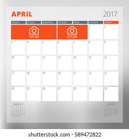 Calendar Template for April 2017. Week Starts Monday. Design Print Template. Vector Illustration Isolated