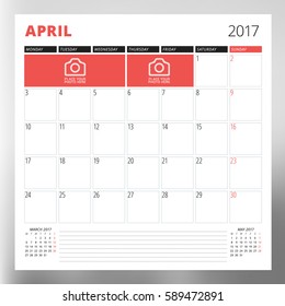 Calendar Template for April 2017. Week Starts Monday. Design Print Template. Vector Illustration Isolated