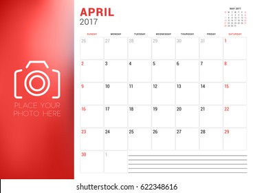 Calendar Template for April 2017. Week Starts Sunday. Place for Photo. Stationery Design. Vector Illustration