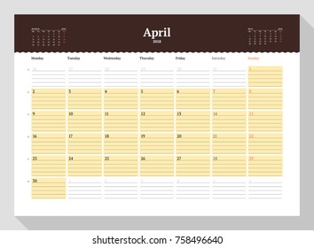 Calendar Template for April 2018. Stationery Design. Week starts on Monday. 3 Months on the Page. Vector Illustration