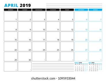 Calendar Template for April 2019. Business Planner Template. Stationery Design. Week starts on Monday. 3 Months on the Page. Vector Illustration