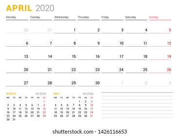 Calendar template for April 2020. Business planner. Stationery design. Week starts on Monday. Vector illustration