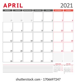 Calendar template for April 2021. Business monthly planner. Stationery design. Week starts on Monday. Vector illustration