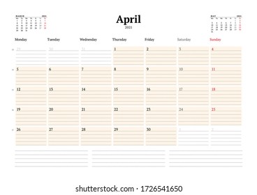 Calendar template for April 2021. Business monthly planner with dotted lines for notes. Stationery design. Week starts on Monday. Vector illustration