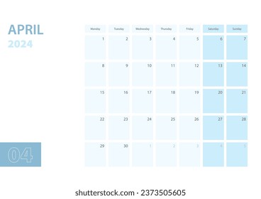 Calendar template for the April  2024, the week starts on Monday. The calendar is in a blue color scheme. Vector illustration.