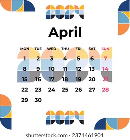 Calendar Template April 2024 Yellow Blue Orange. Simple Minimalist Vector illustration Design.