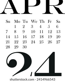 calendar template for April month 2024 without background, for use in notebooks or for printing, vector