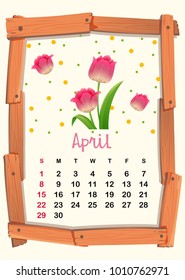 Calendar template for April with pink tulip illustration