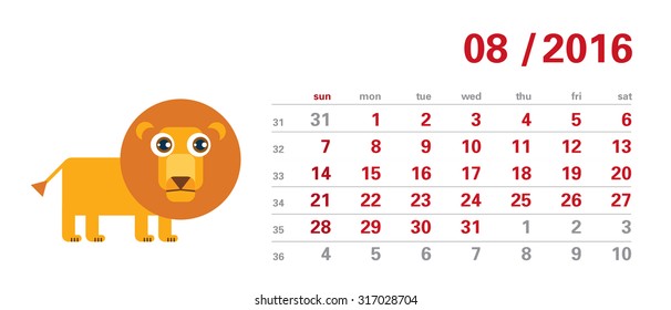 Calendar template - august 2016 - cartoon leo, sign of zodiac (weeks start sunday, numbers of weeks) 