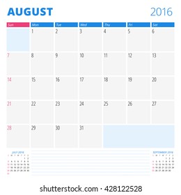 Calendar Template for August 2016. Week Starts Sunday. Planner Design Print Template. Vector Calendar. Stationery Design