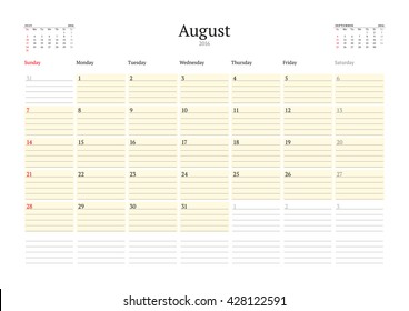 Calendar Template for August 2016. Week Starts Sunday. Planner Design Print Template. Vector Calendar. Stationery Design