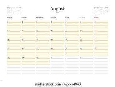 Calendar Template for August 2016. Week Starts Monday. Planner Design Print Template. Vector Calendar. Stationery Design