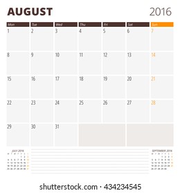 Calendar Template for August 2016. Week Starts Monday. Planner Design Print Template. Vector Calendar. Stationery Design