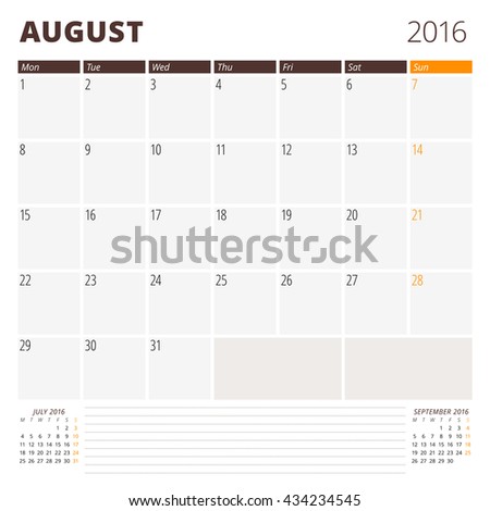 Calendar Template for August 2016. Week Starts Monday. Planner Design Print Template. Vector Calendar. Stationery Design