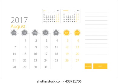 Calendar template of August 2017 