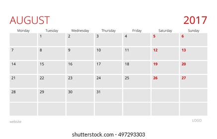 Calendar template of August 2017