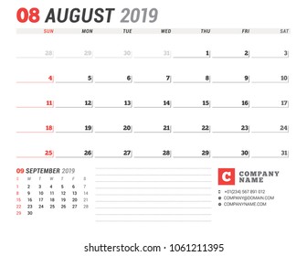 Calendar template for August 2019. Business planner. Stationery design. Week starts on Sunday. 2 Months on the page. Vector illustration