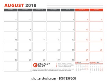 Calendar Template for August 2019. Business Planner Template. Stationery Design. Week starts on Monday. 3 Months on the Page. Vector Illustration