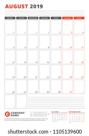 Calendar Template for August 2019. Business Planner Template. Stationery Design. Week starts on Monday. Portrait orientation. Vector Illustration
