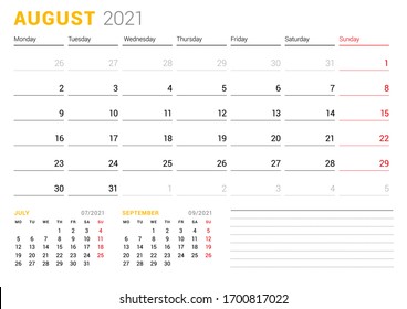 Calendar template for August 2021. Business monthly planner. Stationery design. Week starts on Monday. Vector illustration