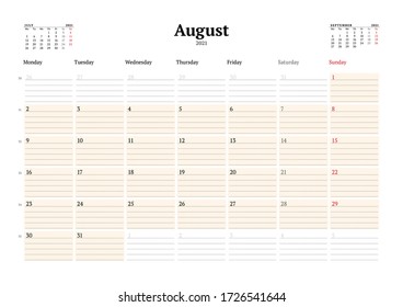 Calendar template for August 2021. Business monthly planner with dotted lines for notes. Stationery design. Week starts on Monday. Vector illustration