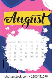 Calendar Template for August 2021. Week Starts on Sunday. Design Print Template with ink calligraphy elements. Vector stock Illustration Isolated 