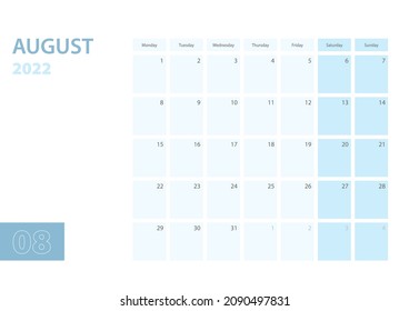 Kalendervorlage für den August 2022, die Woche beginnt am Montag. Der Kalender ist in einem blauen Farbschema. Vektorgrafik.